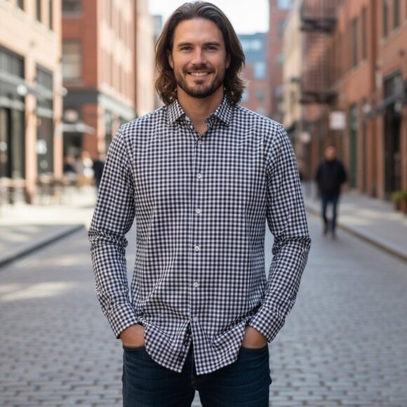 BANANA REPUBLIC Non Iron Slim Fit Button Down Shirt S Blue Brown Gingham Plaid - Picture 1 of 12